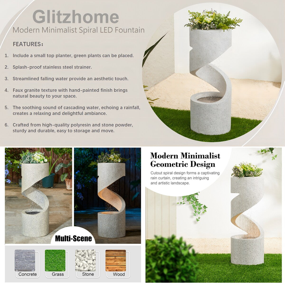 Glitzhome Modern Minimalist Spiral LED Polyresin Outdoor Fountain with Small Planter