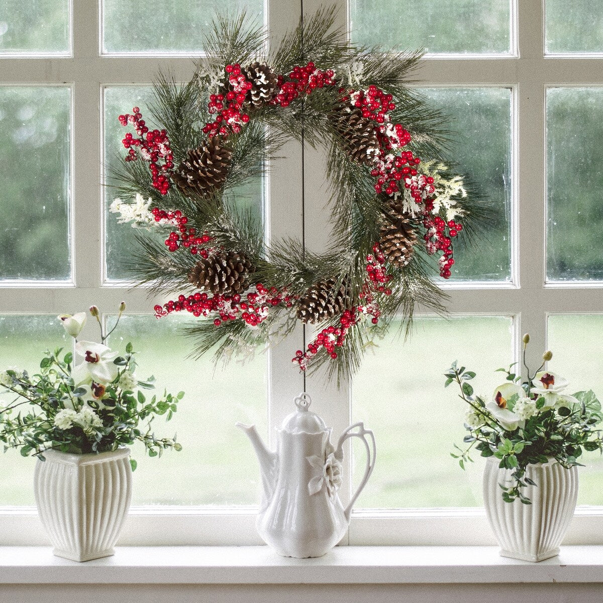 Glitzhome Wooden Window Frame with Wreath