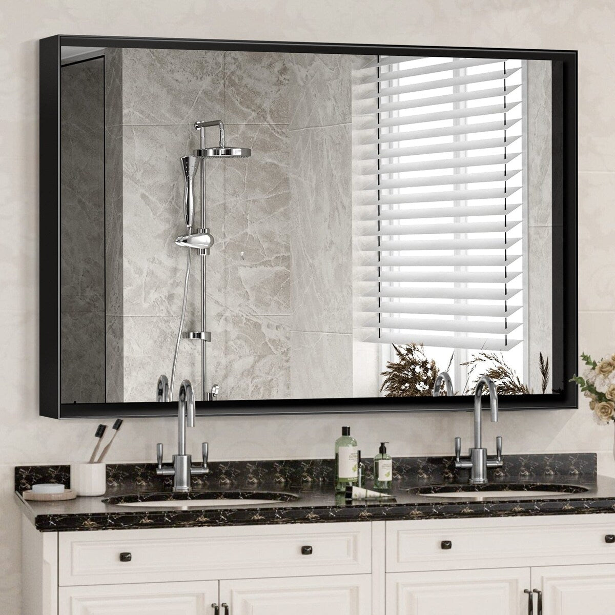 Glossy Black Rounded Corner Rectangle Bathroom Mirror