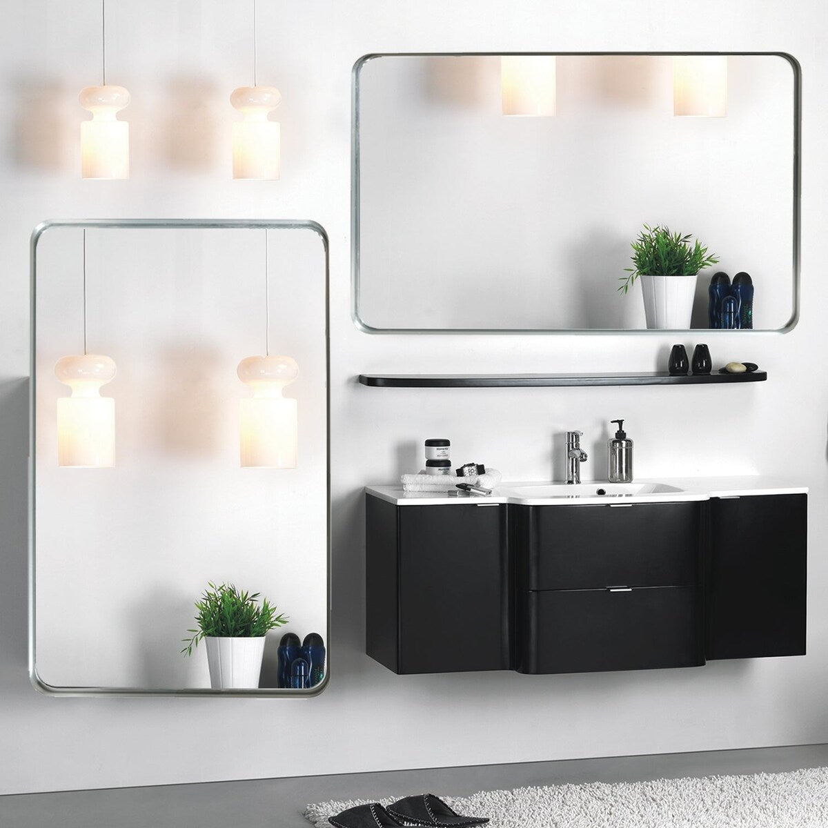 Glossy Brushed Silver Rounded Corner Rectangle Bathroom Mirror