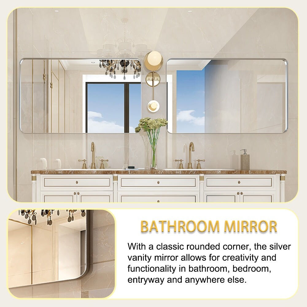 Glossy Brushed Silver Rounded Corner Rectangle Bathroom Mirror