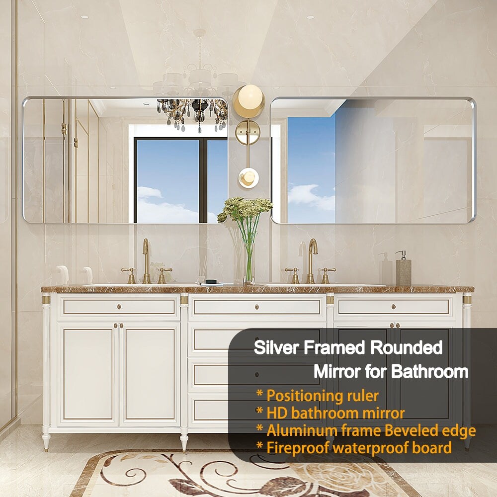 Glossy Brushed Silver Rounded Corner Rectangle Bathroom Mirror