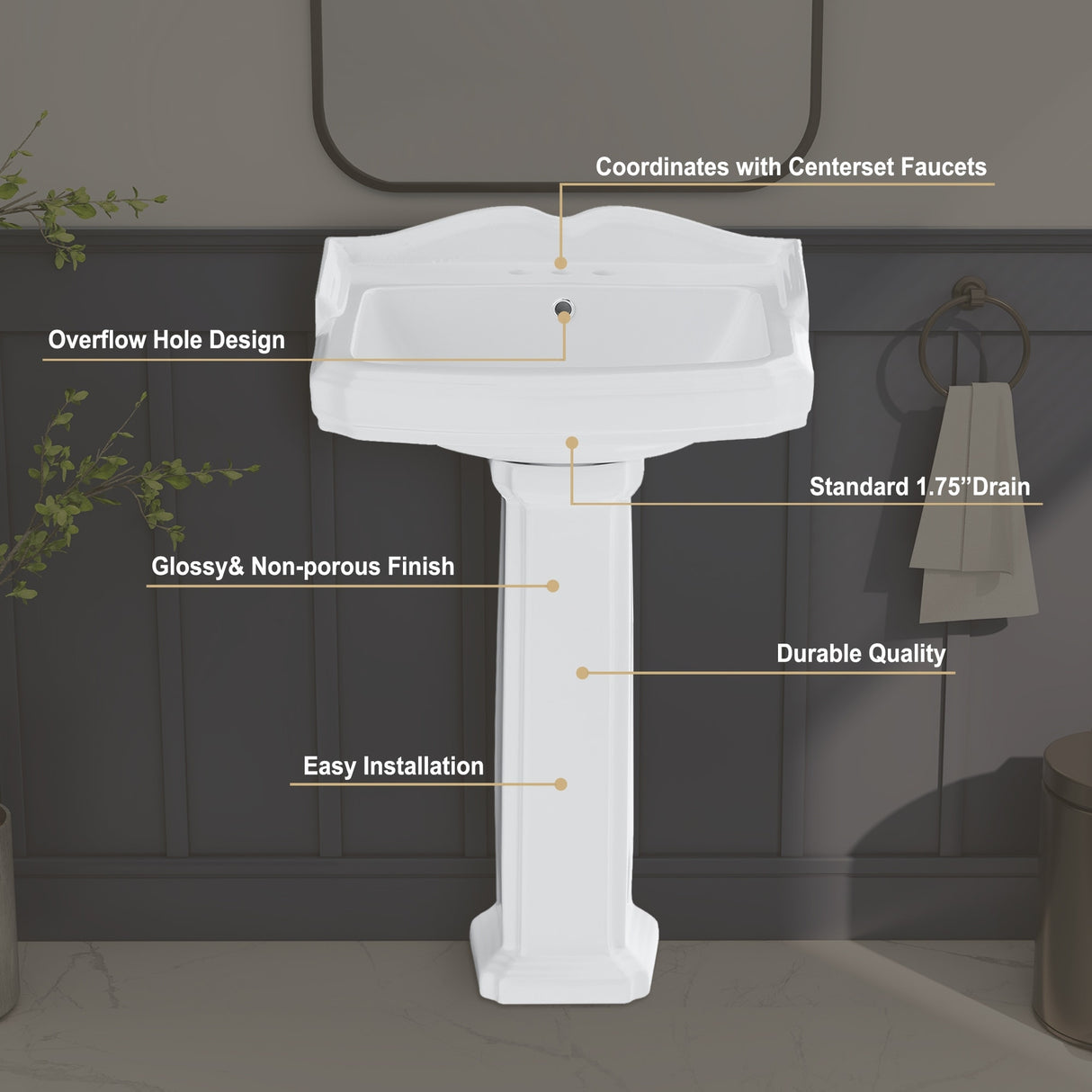 Glossy Porcelain Rectangular Pedestal Bathroom Sink with Overflow