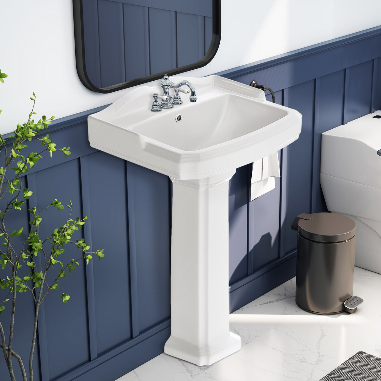 Glossy Porcelain Rectangular Pedestal Bathroom Sink with Overflow