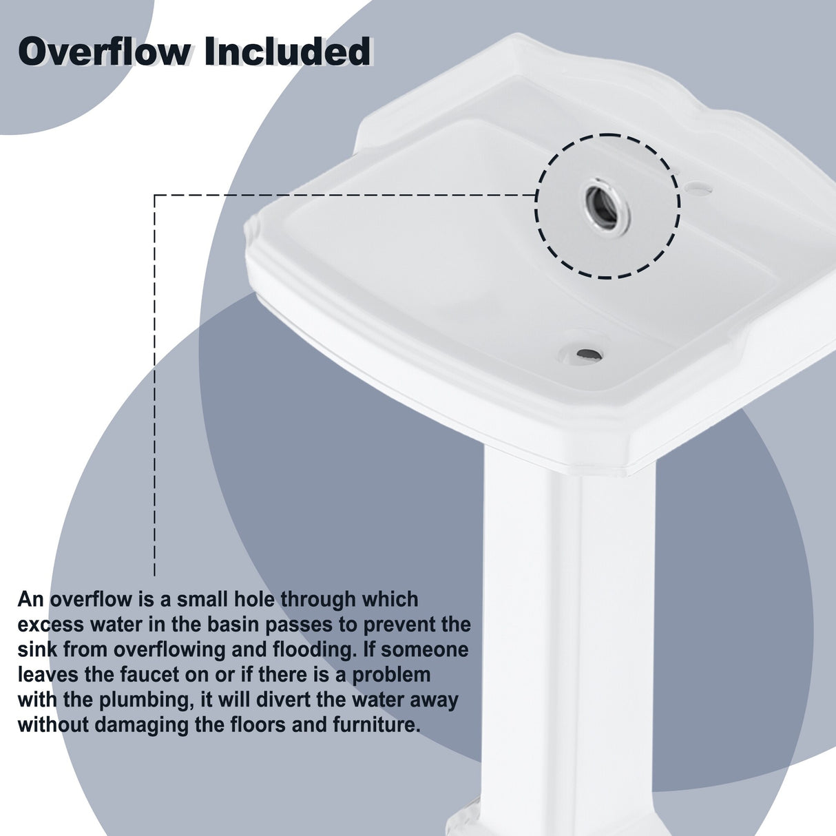 Glossy Porcelain Rectangular Pedestal Bathroom Sink with Overflow