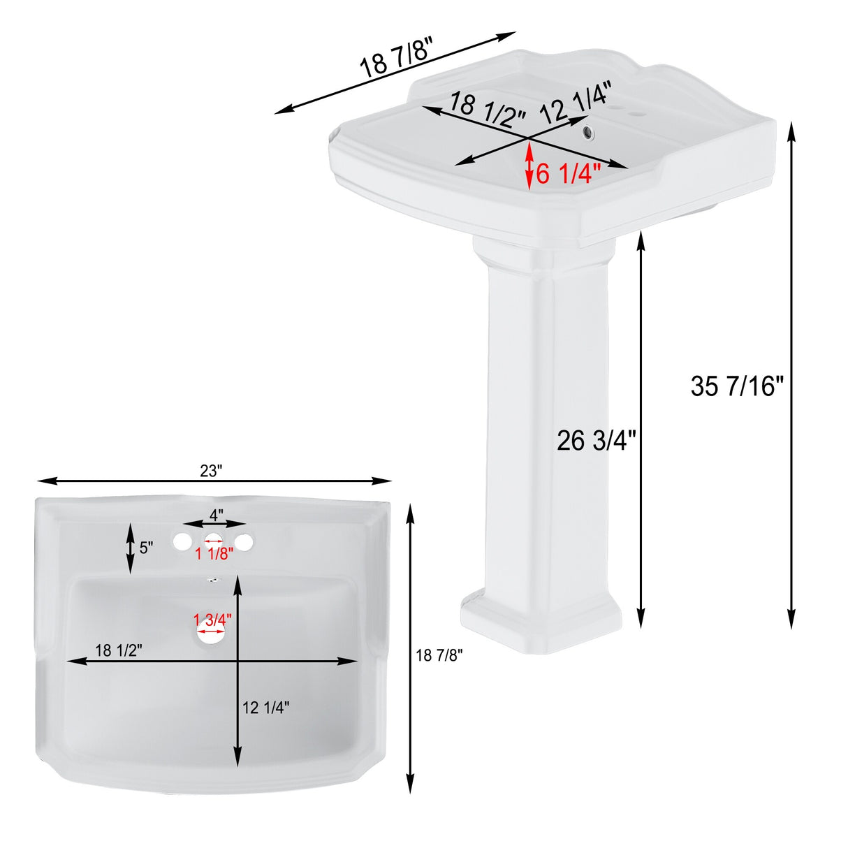 Glossy Porcelain Rectangular Pedestal Bathroom Sink with Overflow