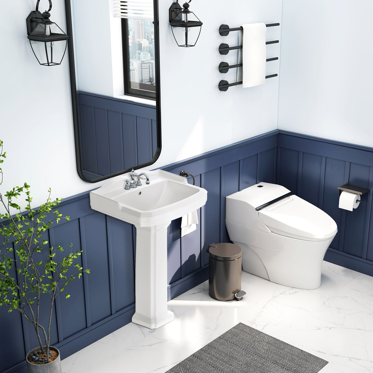 Glossy Porcelain Rectangular Pedestal Bathroom Sink with Overflow