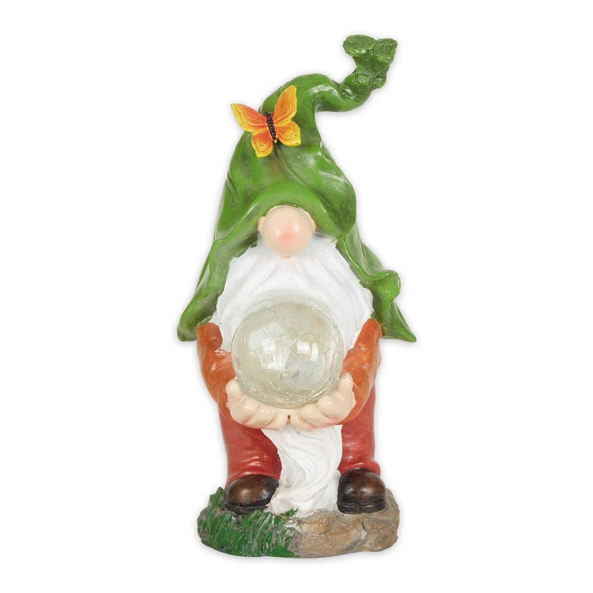 Gnome holding orb solar statue