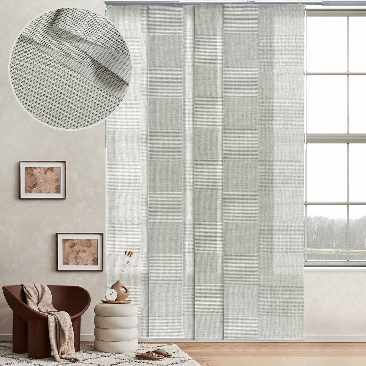 GoDear Design Natural Woven Adjustable Sliding Panel Track Blinds, Vertical Blinds, Urban Plaid, 45.8"- 86" W x 96" L