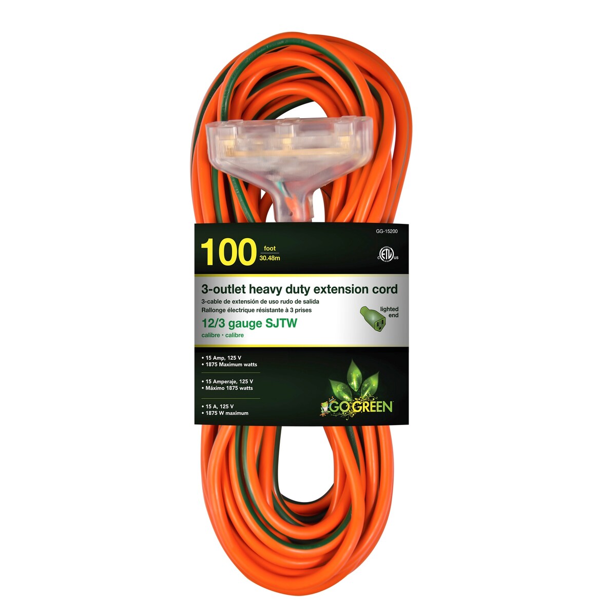 GoGreen Power 12/3 3-Outlet Heavy Duty Extension Cord - Lighted End, Orange