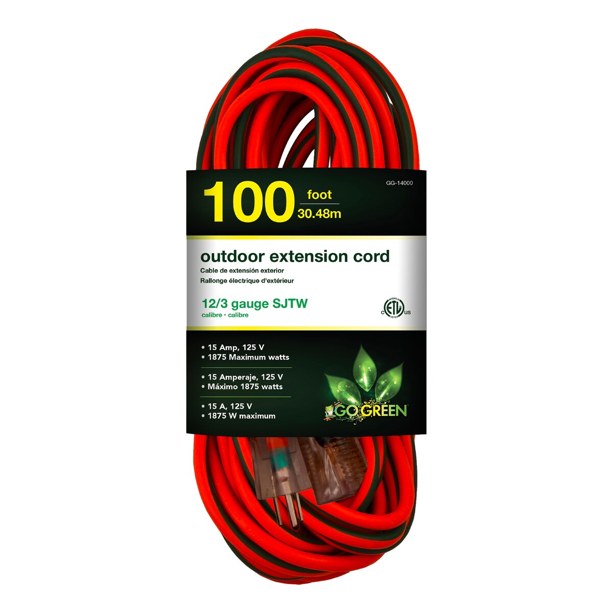 GoGreen Power GG-14000 12/3 100' SJTW Outdoor Extension Cord, Lighted End, 100 Ft - N/A