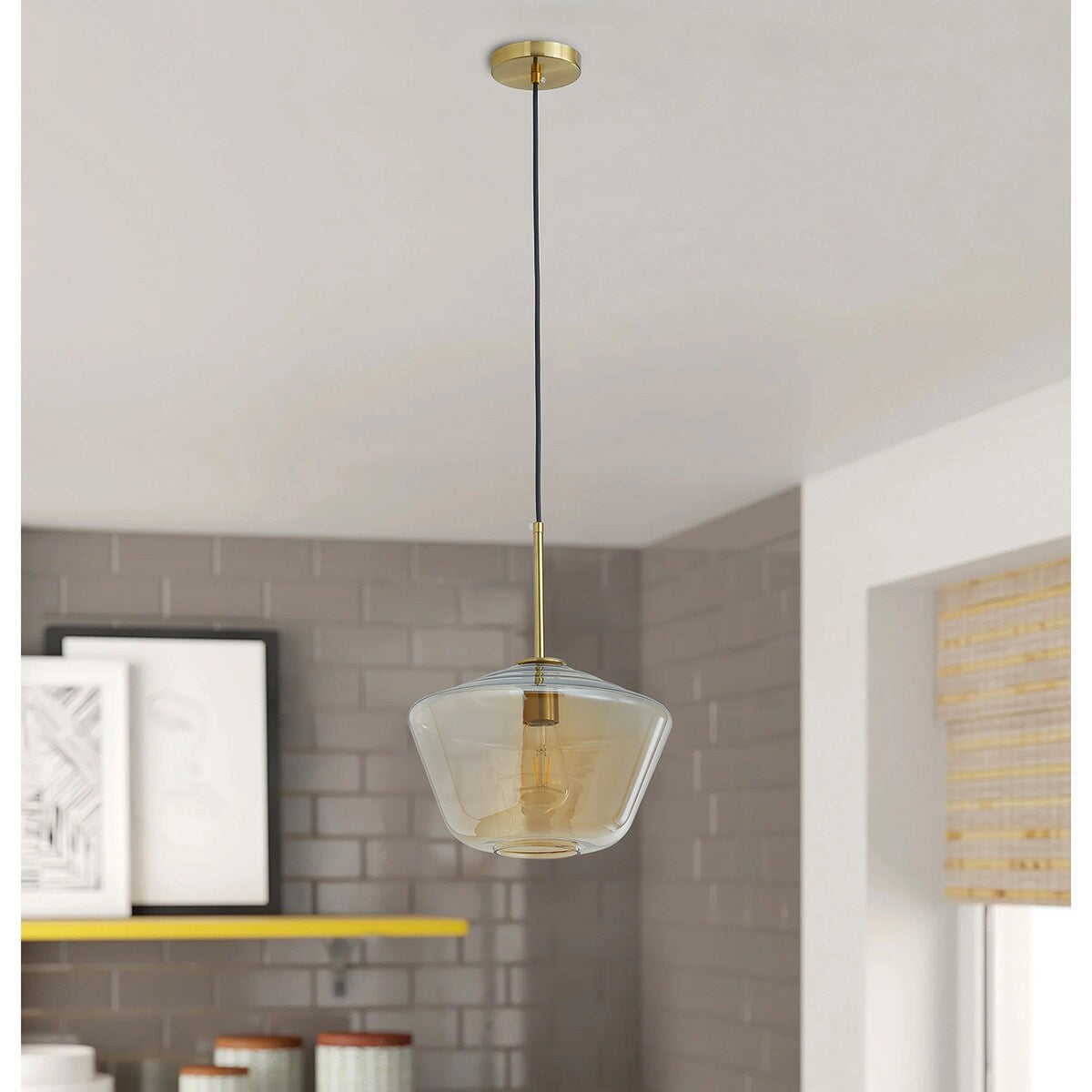 Vintage Gold Finish Adjustable Height Pendant Light with Glass Shade Design