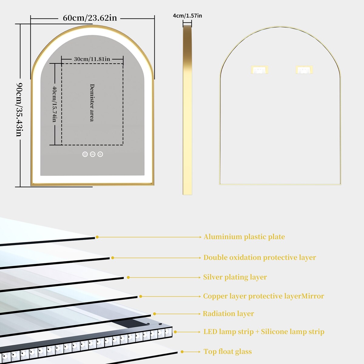 Gold Aluminum Arched Frame Bathroom Vanity Mirror Dimmable
