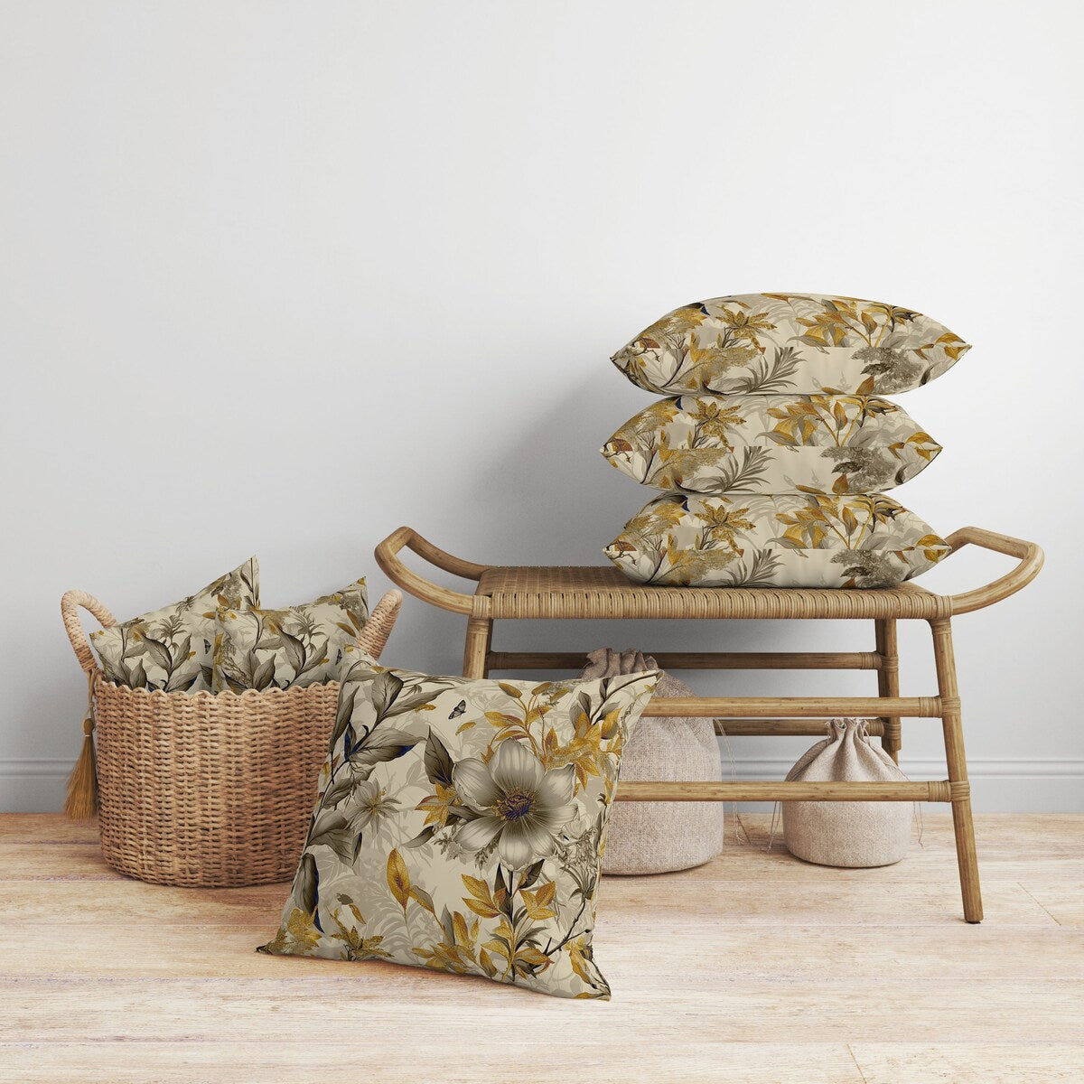 Gold And Vanilla Exquisite Floral Breeze Faux Suede Throw Pillow Zipper
