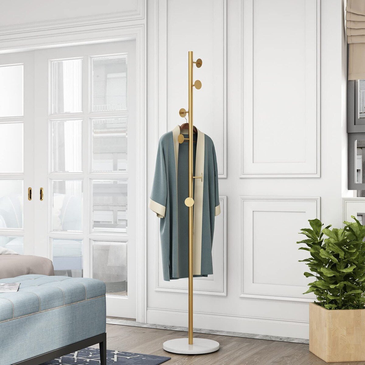 Gold Coat Racks, Metal Coat Rack Freestanding with Hooks, Entryway Coat Rack Stand, Coat Racks with Marble Base