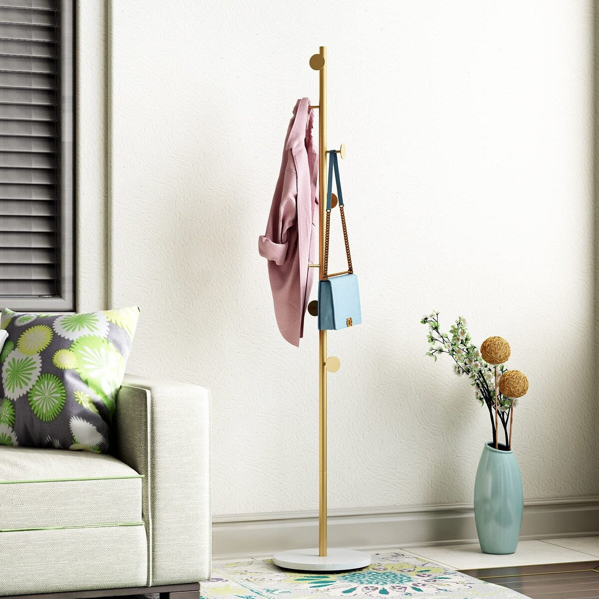 Gold Coat Racks, Metal Coat Rack Freestanding with Hooks, Entryway Coat Rack Stand, Coat Racks with Marble Base