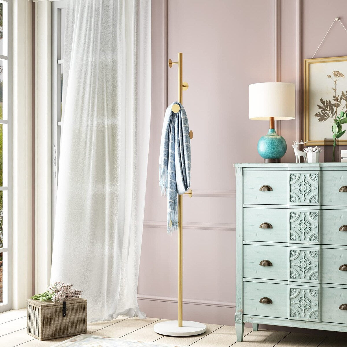 Gold Coat Racks, Metal Coat Rack Freestanding with Hooks, Entryway Coat Rack Stand, Coat Racks with Marble Base