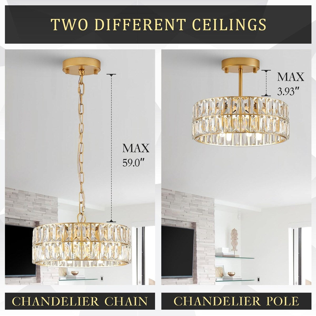 Gold Crystal Chandeliers, Modern Semi Flush Mount Chandelier 4-Ligh Drum Crystal Ceiling Pendant Light Fixture 12"