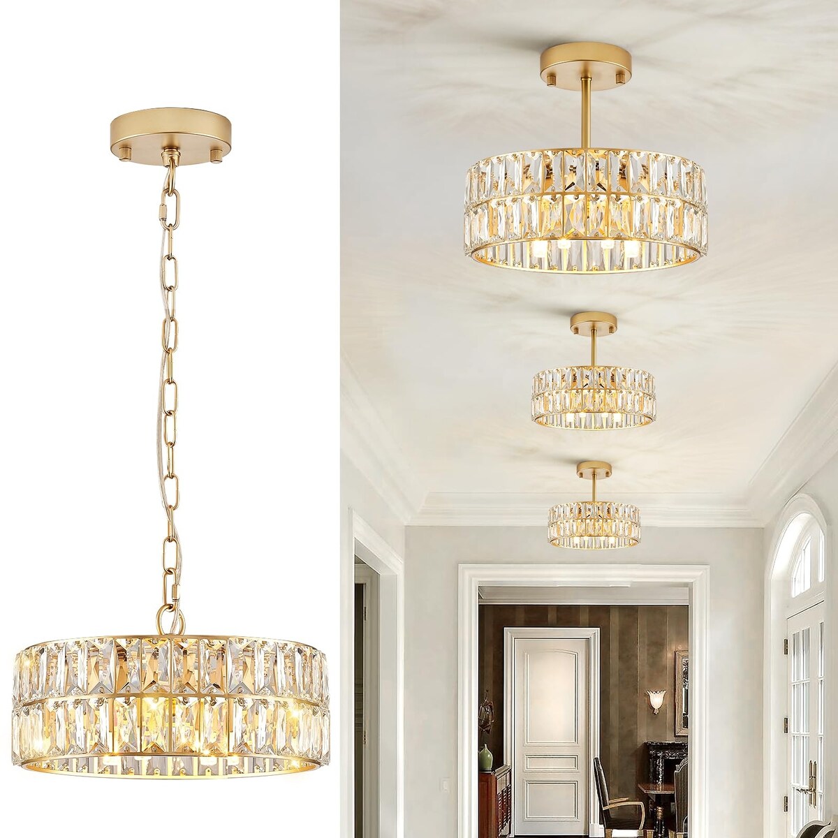 Gold Crystal Chandeliers, Modern Semi Flush Mount Chandelier 4-Ligh Drum Crystal Ceiling Pendant Light Fixture 12"