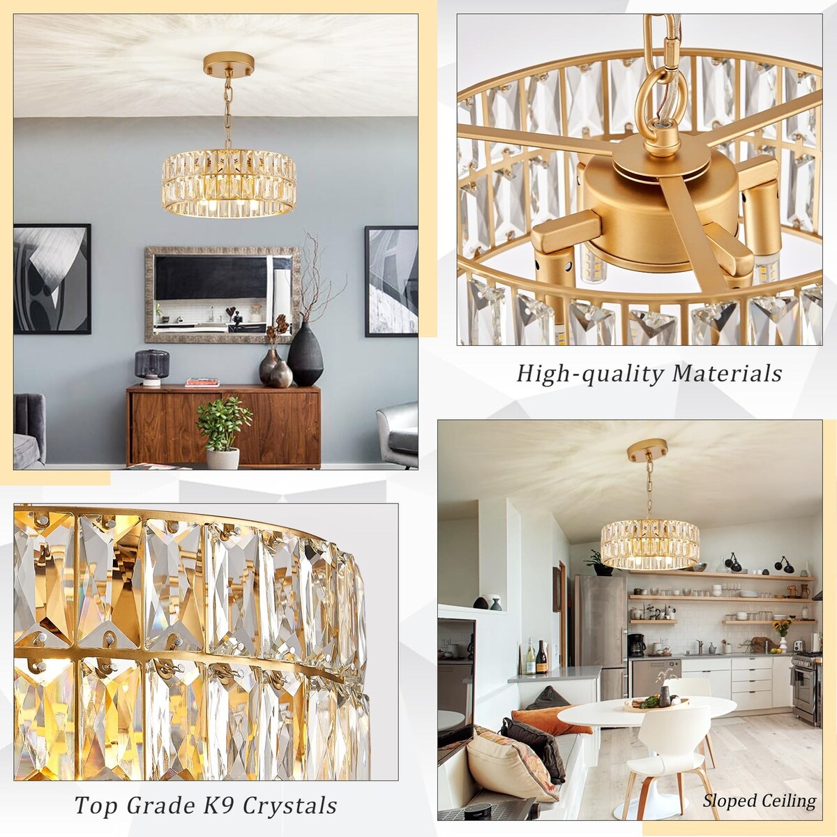 Gold Crystal Chandeliers, Modern Semi Flush Mount Chandelier 4-Ligh Drum Crystal Ceiling Pendant Light Fixture 12"
