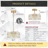 Gold Crystal Chandeliers, Modern Semi Flush Mount Chandelier 4-Ligh Drum Crystal Ceiling Pendant Light Fixture 12"