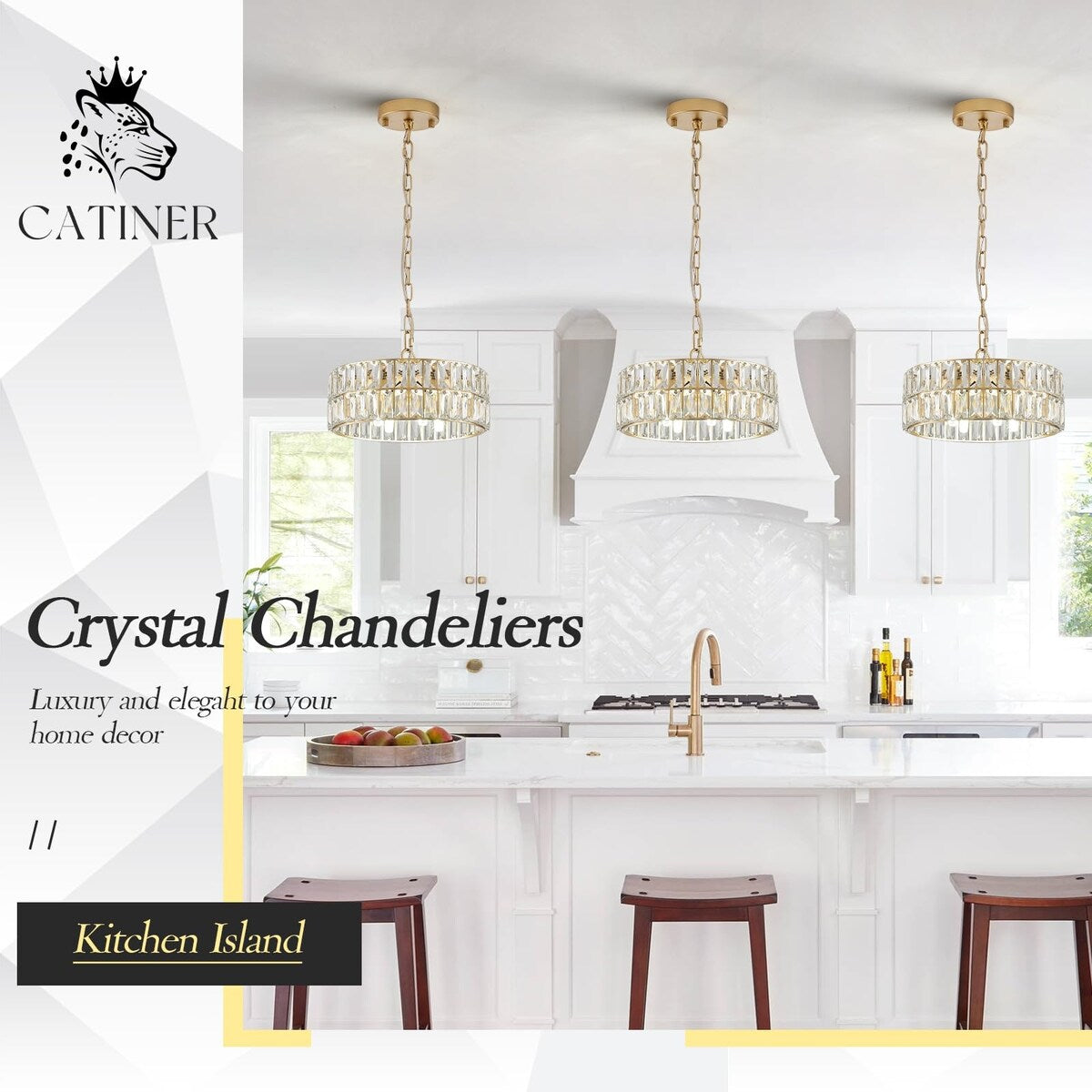 Gold Crystal Chandeliers, Modern Semi Flush Mount Chandelier 4-Ligh Drum Crystal Ceiling Pendant Light Fixture 12"