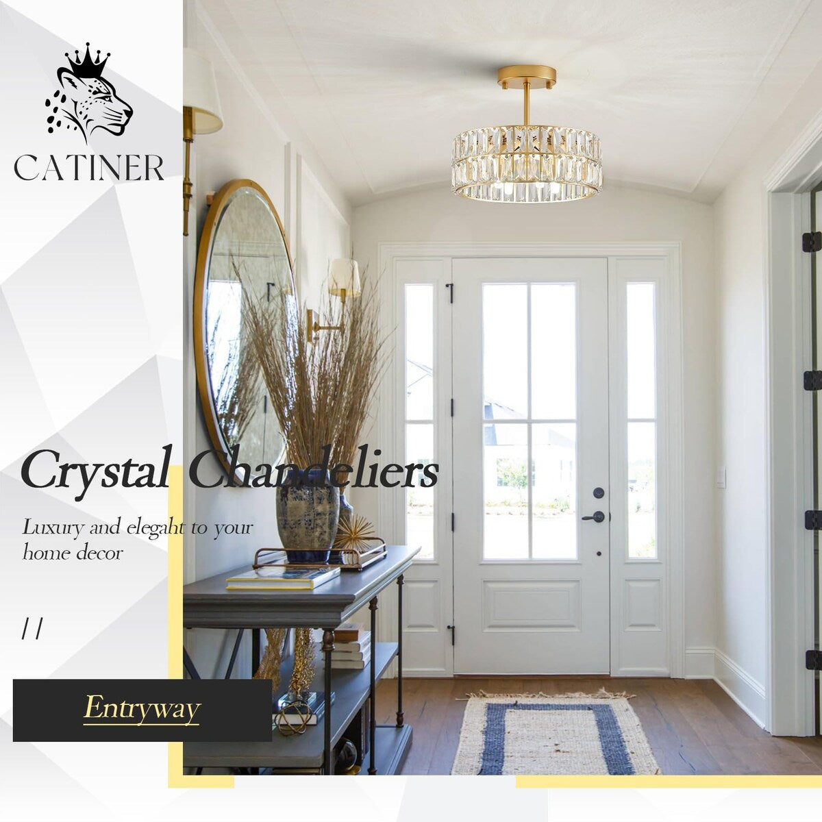 Gold Crystal Chandeliers, Modern Semi Flush Mount Chandelier 4-Ligh Drum Crystal Ceiling Pendant Light Fixture 12"