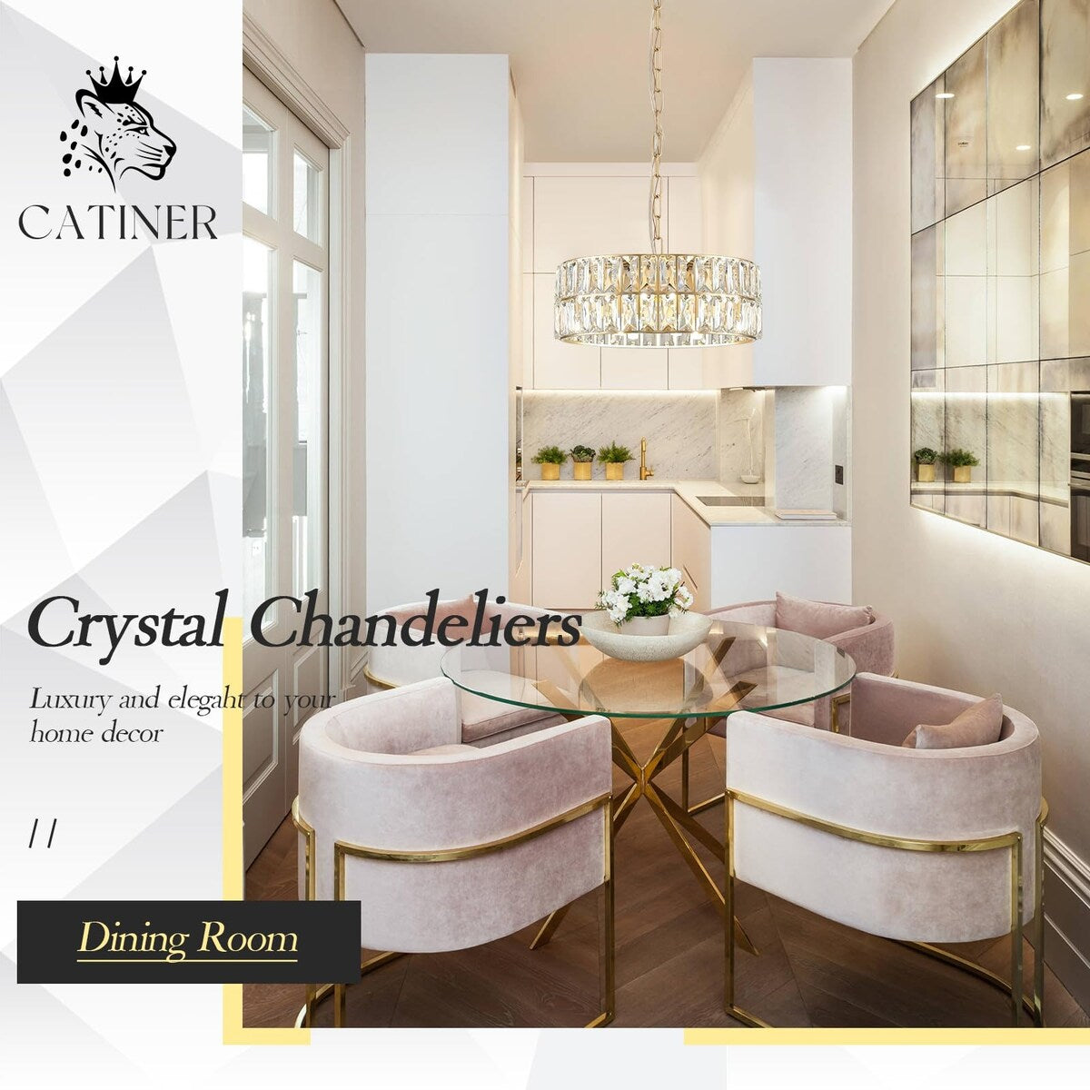 Gold Crystal Chandeliers, Modern Semi Flush Mount Chandelier 4-Ligh Drum Crystal Ceiling Pendant Light Fixture 12"