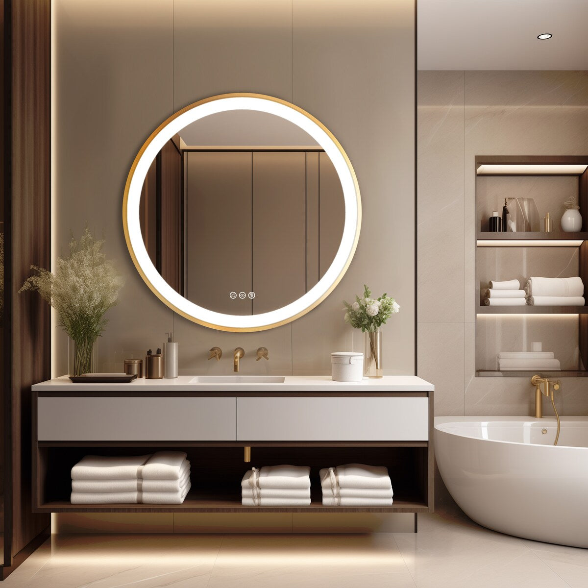 Gold Framed LED Wall Bathroom Vanity Mirror 3 Color Dimmable Anti Fog