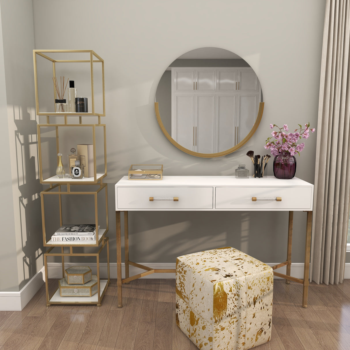 Gold Metal Cube Shelving Unit with 4 Marble Shelves