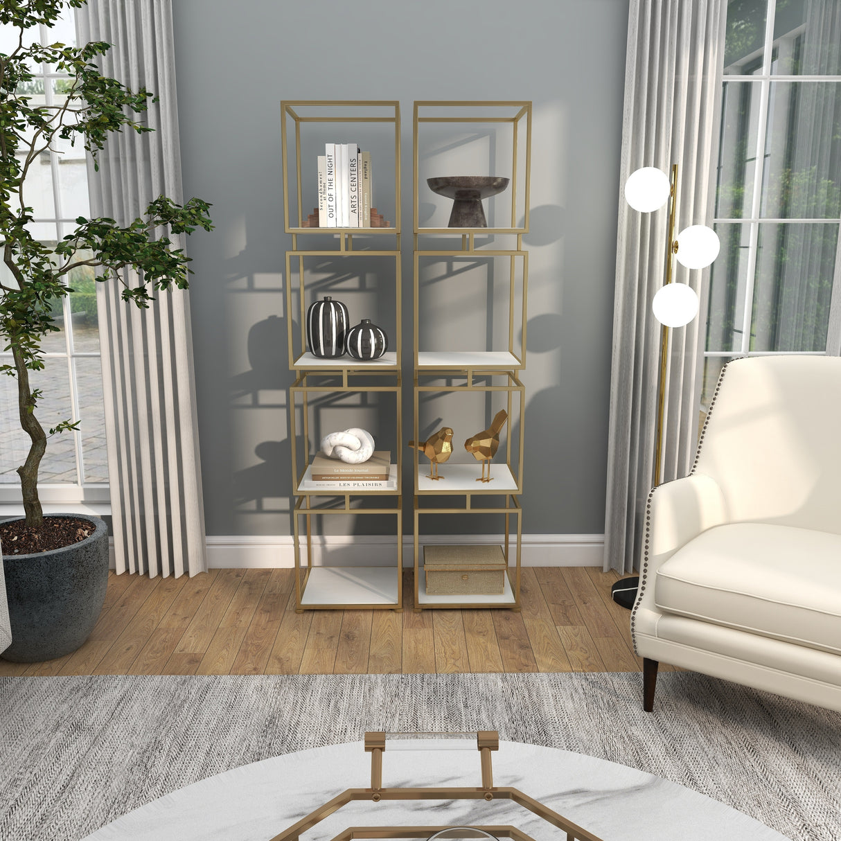Gold Metal Cube Shelving Unit with 4 Marble Shelves