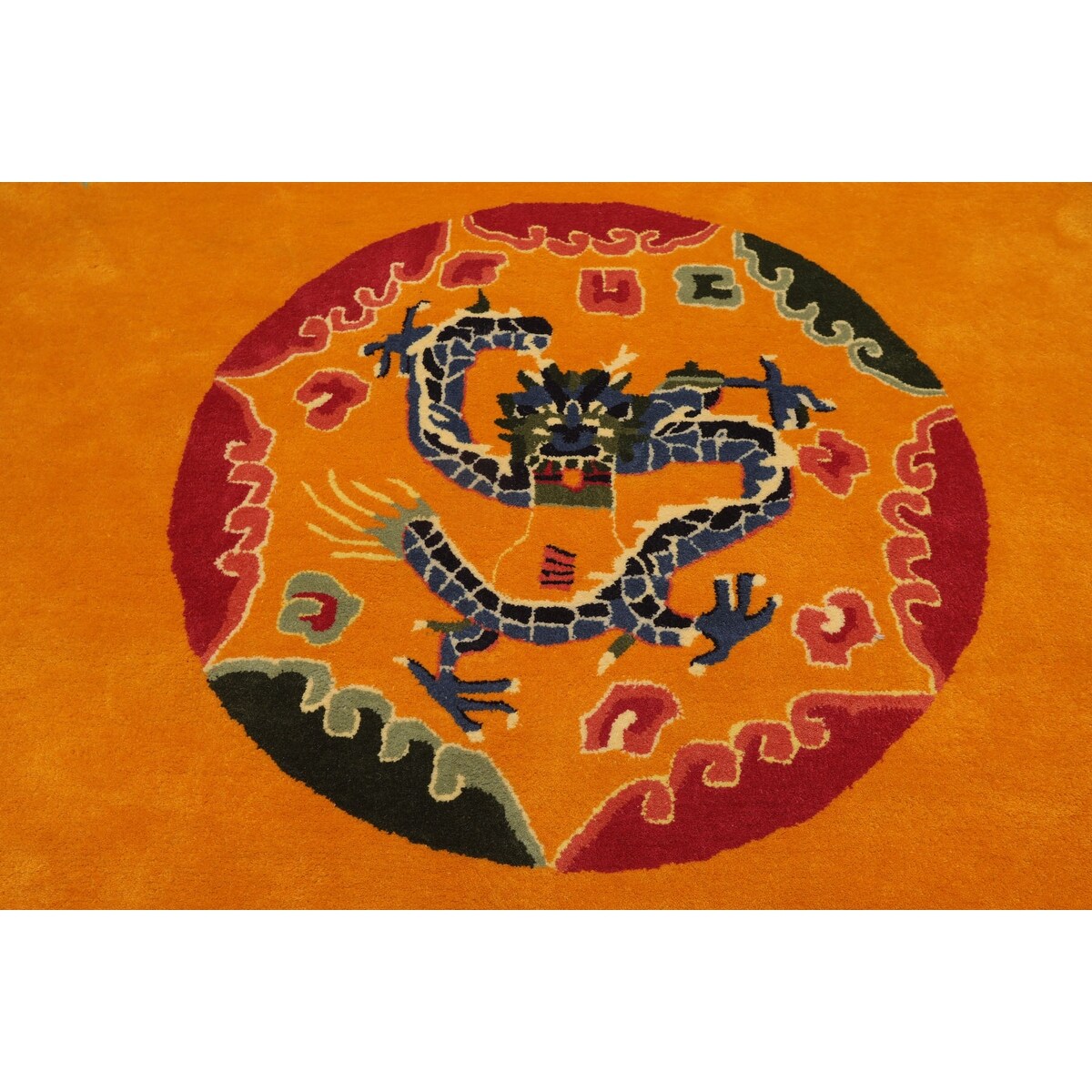 Gold Medallion & Dragon Chinese Art Deco New Zealand Wool Hand Tufted Multi Size Oriental Area Rug LoomBloom