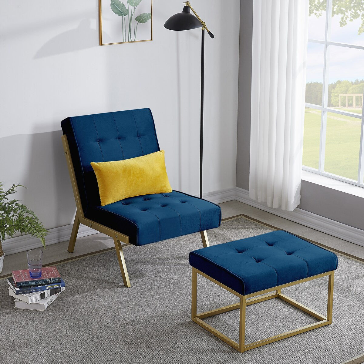 Gold Metal Frame Velvet Upholstery Chair with Ottoman, Comfy Armless Single Lounge Chairs for Living Room Bedroom Reading Room