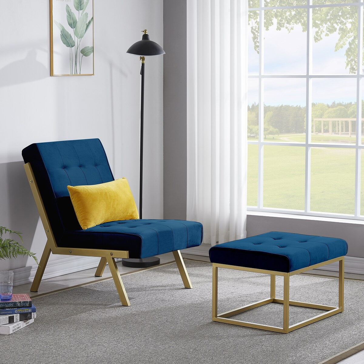 Gold Metal Frame Velvet Upholstery Chair with Ottoman, Comfy Armless Single Lounge Chairs for Living Room Bedroom Reading Room