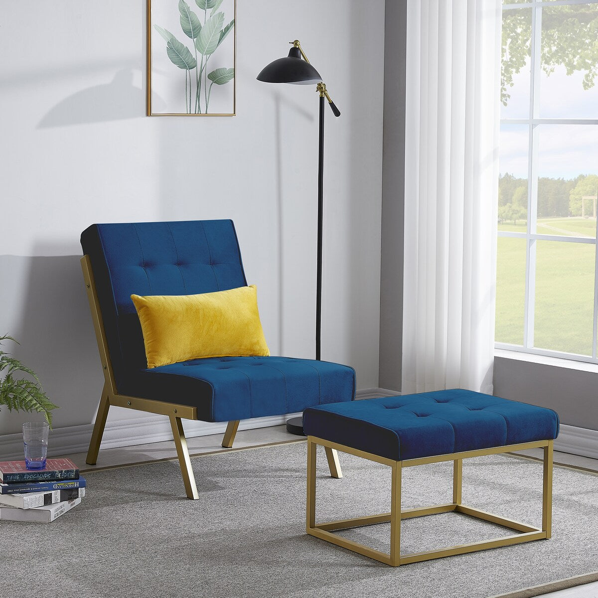 Gold Metal Frame Velvet Upholstery Chair with Ottoman, Comfy Armless Single Lounge Chairs for Living Room Bedroom Reading Room