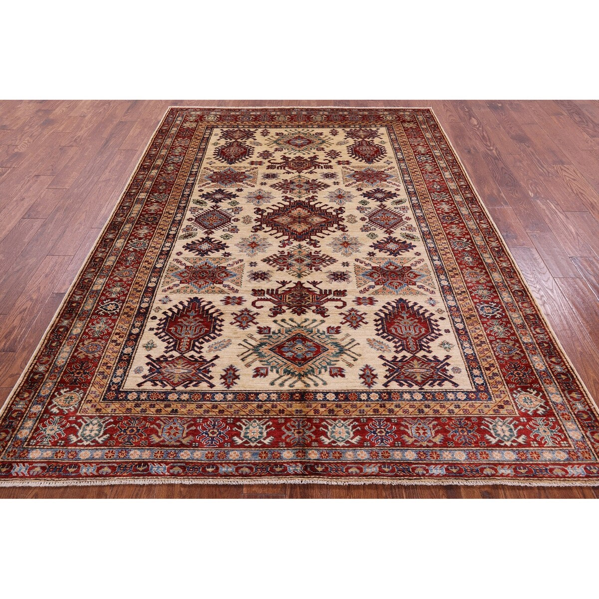 Golden Nile Ivory Super Kazak Hand Knotted Wool Rug - 6' 5" X 8' 11"