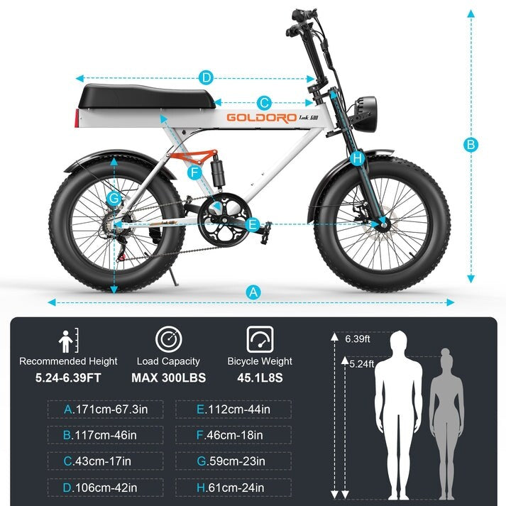 Goldoro Electric Bike for Adults 500W, 20 inch Fat Tire, 31 mph, 48V, 15AH, White