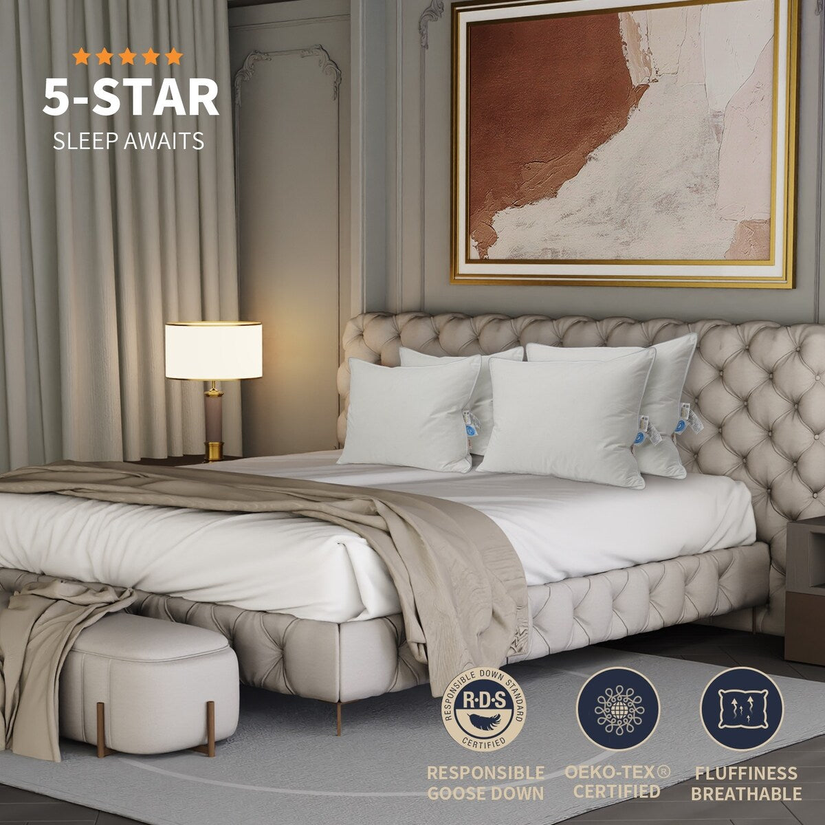 Goose Down Pillows Luxury Hotel Cooling Breathable Bed Pillows - 100%Goose Down
