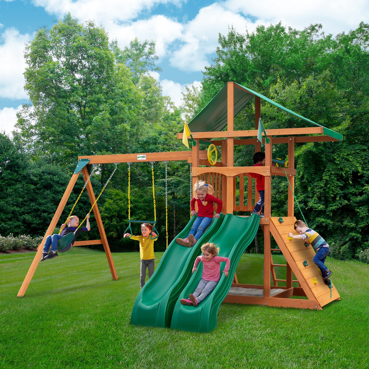Gorilla Playsets Avalon Wood Swing Set with Dual Slides - Amber