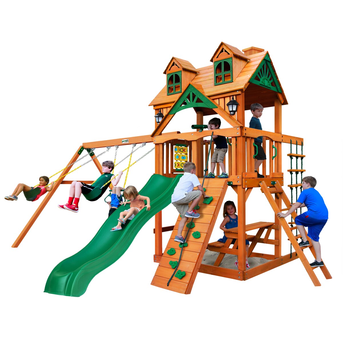 Gorilla Playsets Chateau Wood Swing Set with Malibu Roof, Rock Wall, and Built-In Picnic Table - Amber