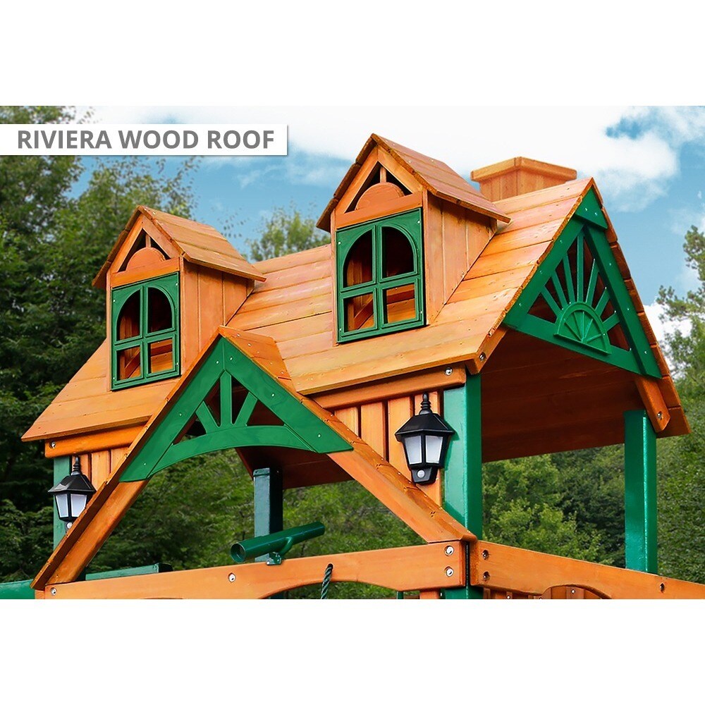 Gorilla Playsets Mountaineer Cedar Swing Set with Malibu Wood Roof and Timber Shield Posts