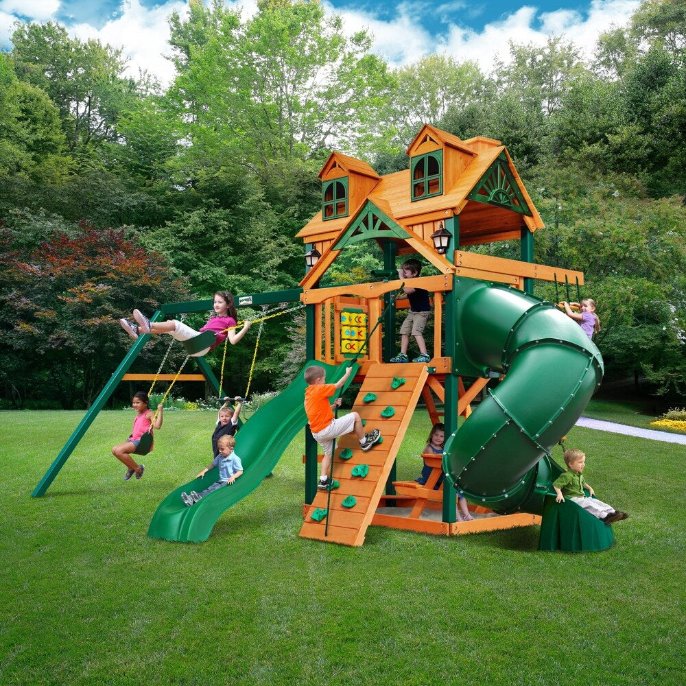 Gorilla Playsets Mountaineer Cedar Swing Set with Malibu Wood Roof and Timber Shield Posts