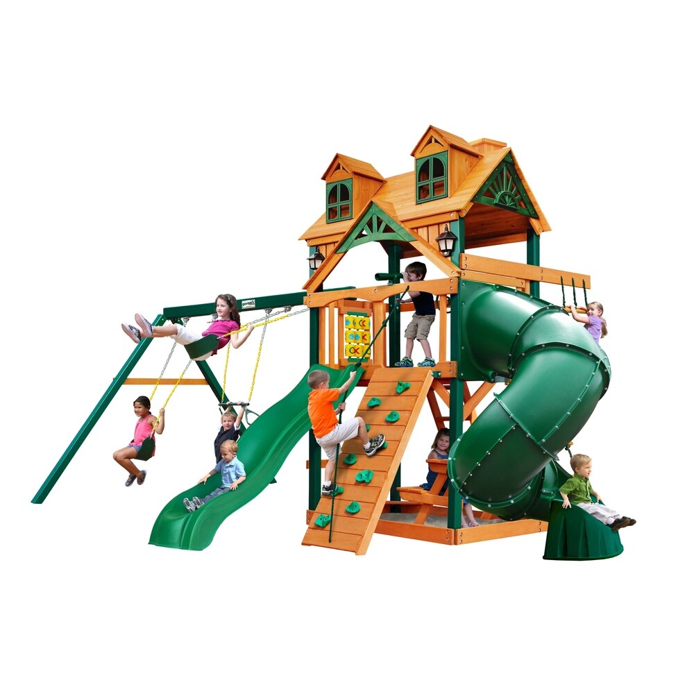 Gorilla Playsets Mountaineer Cedar Swing Set with Malibu Wood Roof and Timber Shield Posts