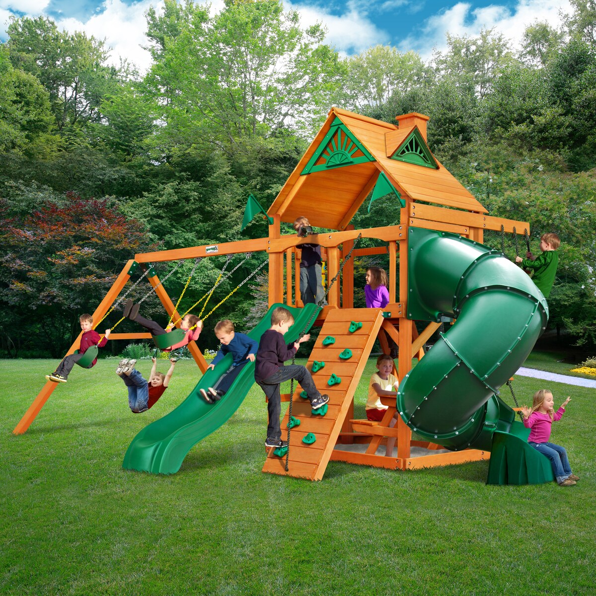 Gorilla Playsets Mountaineer Wood Swing Set with Tube Slide