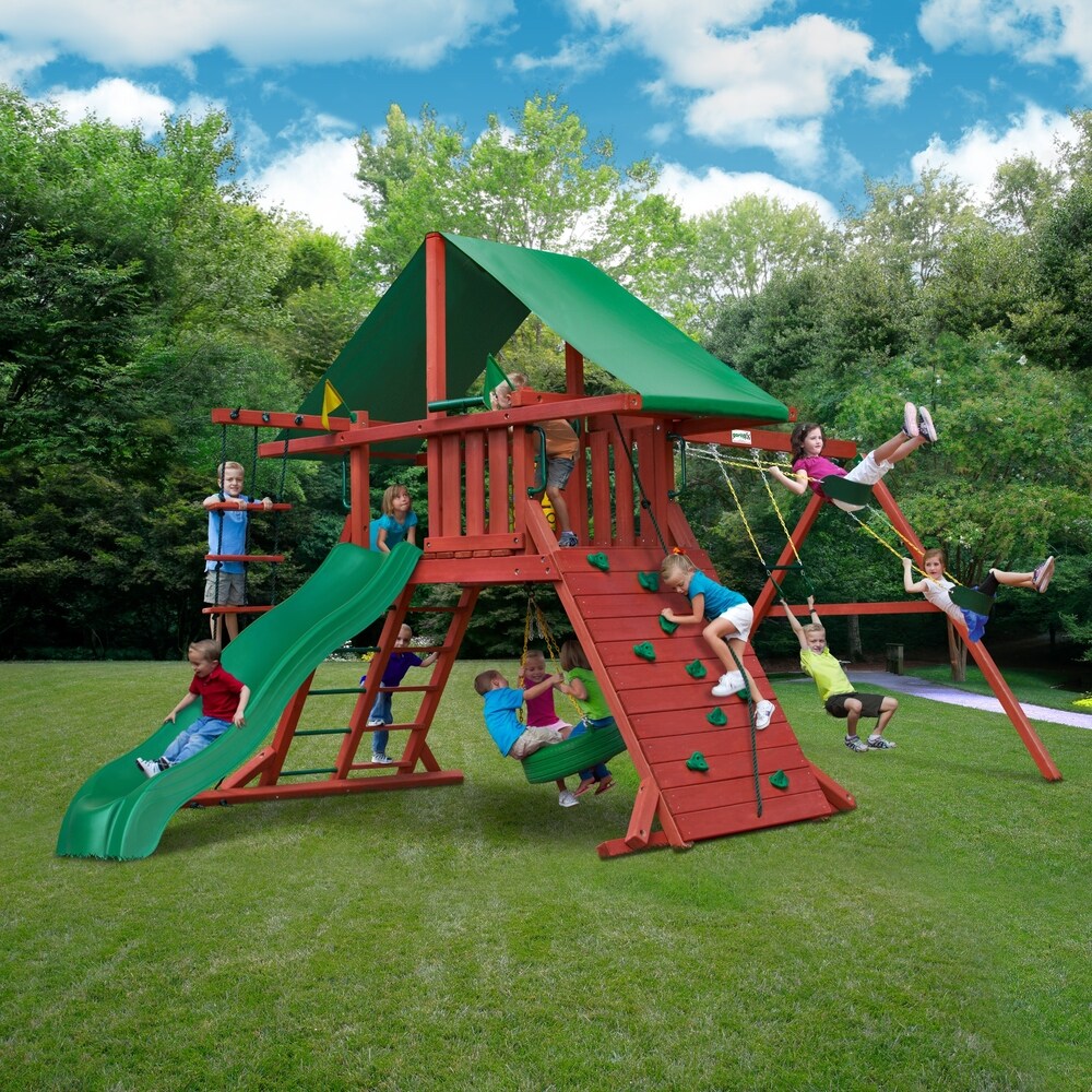 Gorilla Playsets Sun Valley I Wooden Swing Set with Green Vinyl Canopy and Rope Ladder