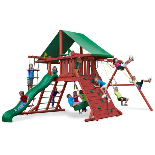 Gorilla Playsets Sun Valley I Wooden Swing Set with Green Vinyl Canopy and Rope Ladder