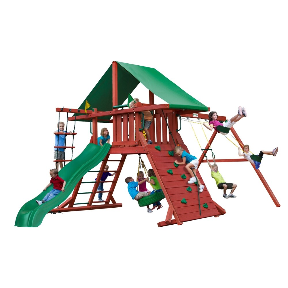 Gorilla Playsets Sun Valley I Wooden Swing Set with Green Vinyl Canopy and Rope Ladder