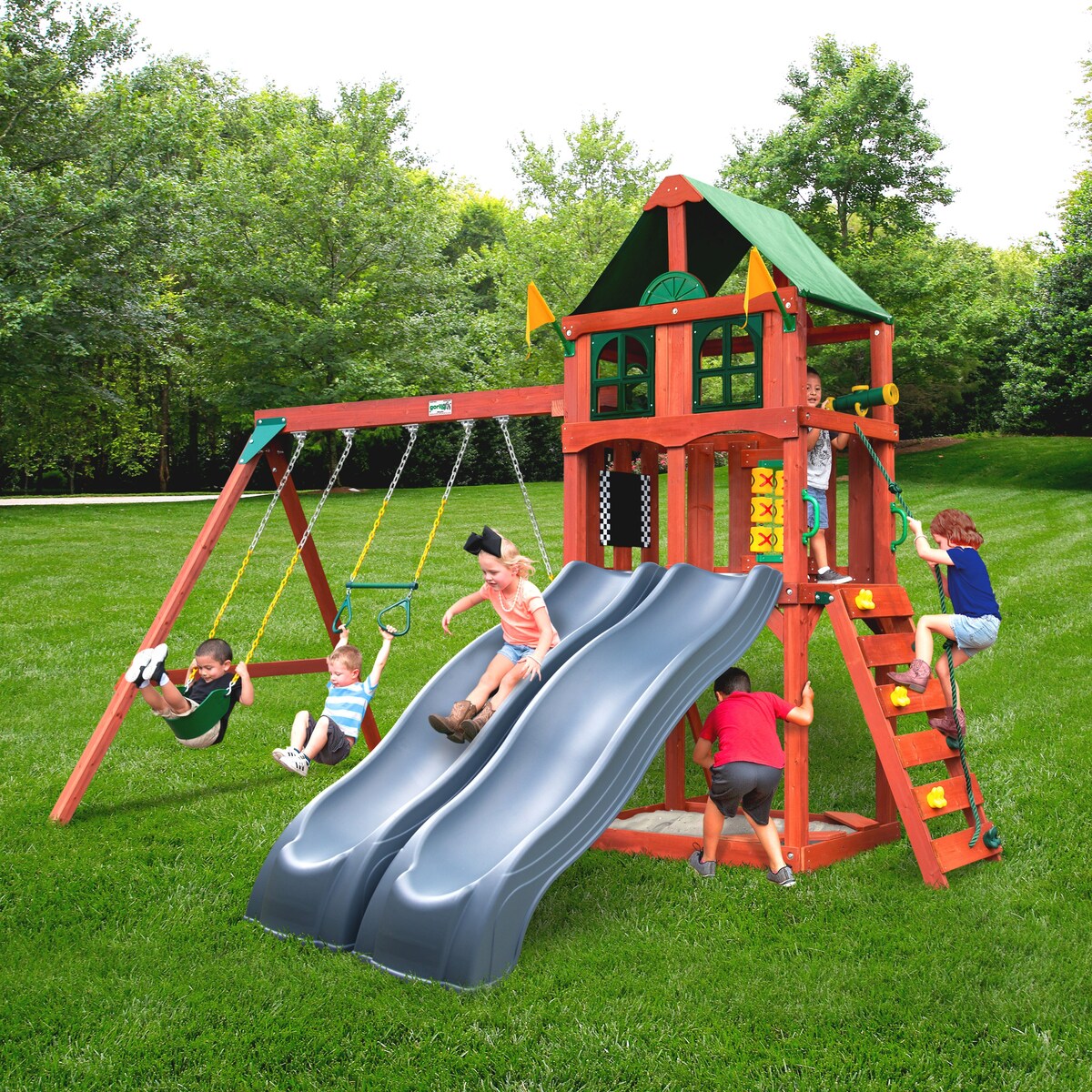 Gorilla Playsets Sweetwater Deluxe Wood Swing Set with Gray Slides