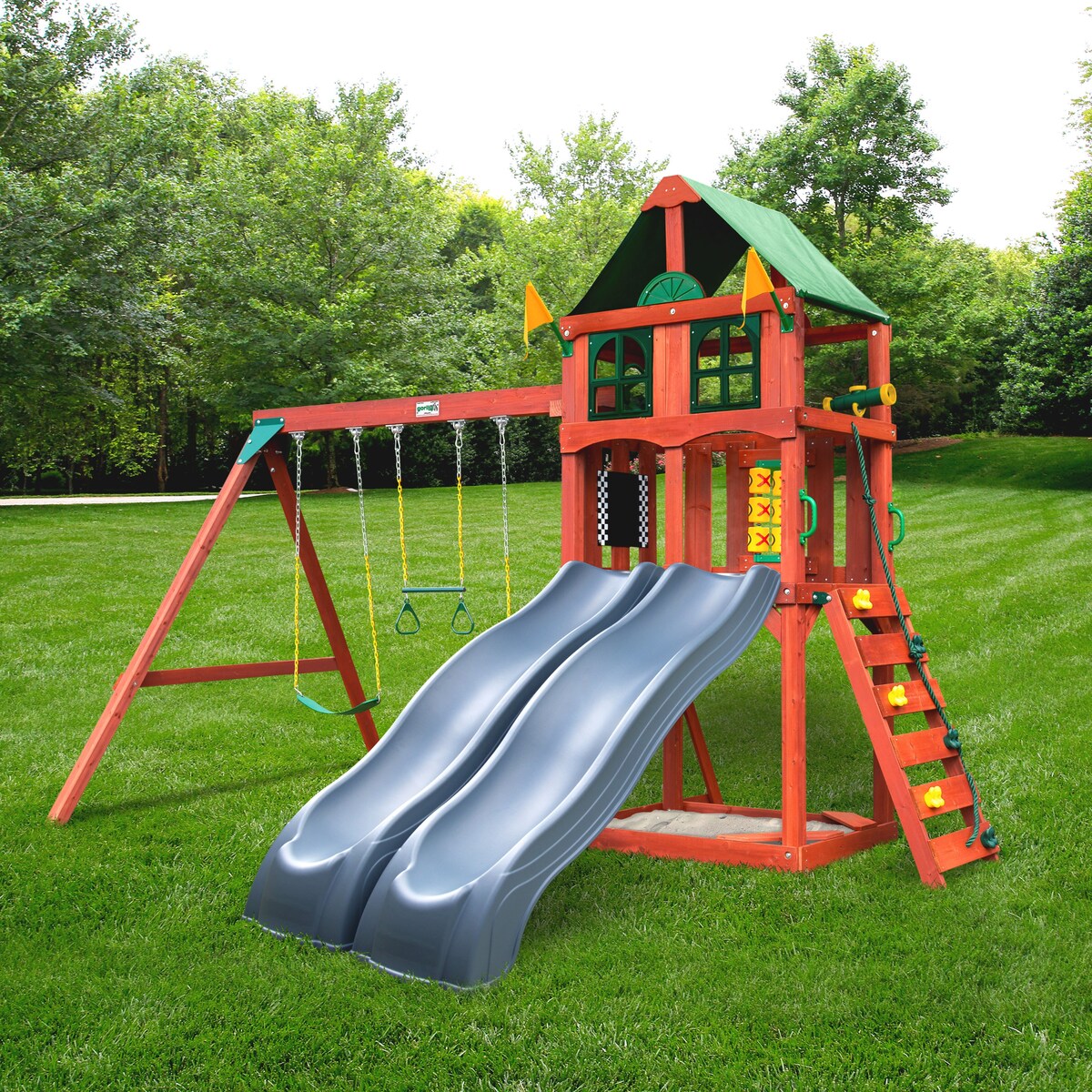 Gorilla Playsets Sweetwater Deluxe Wood Swing Set with Gray Slides