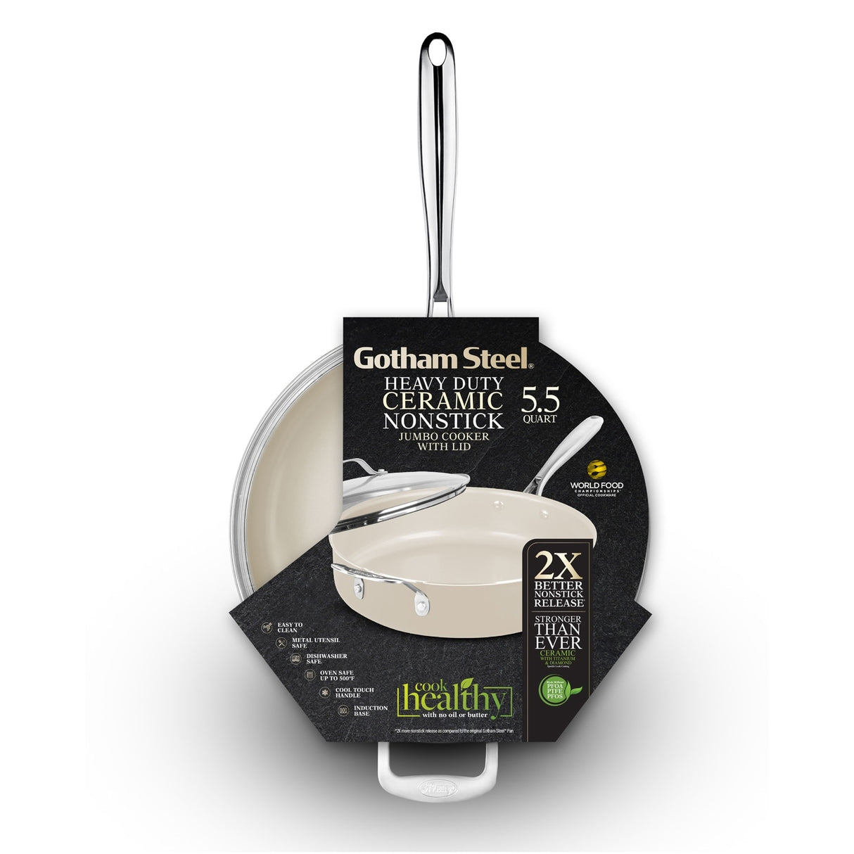 Gotham Steel Cream Ultra Nonstick Ceramic 5.5 Qt Jumbo Cooker Pan with Lid